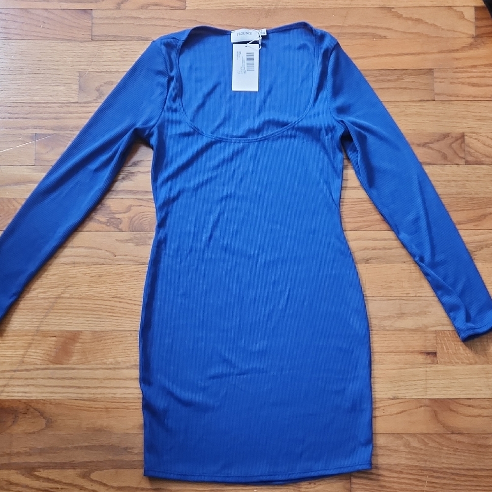 NWT Flounce Club Womens Blue Long Sleeve Ribbed Mini Dress Size Small (6)